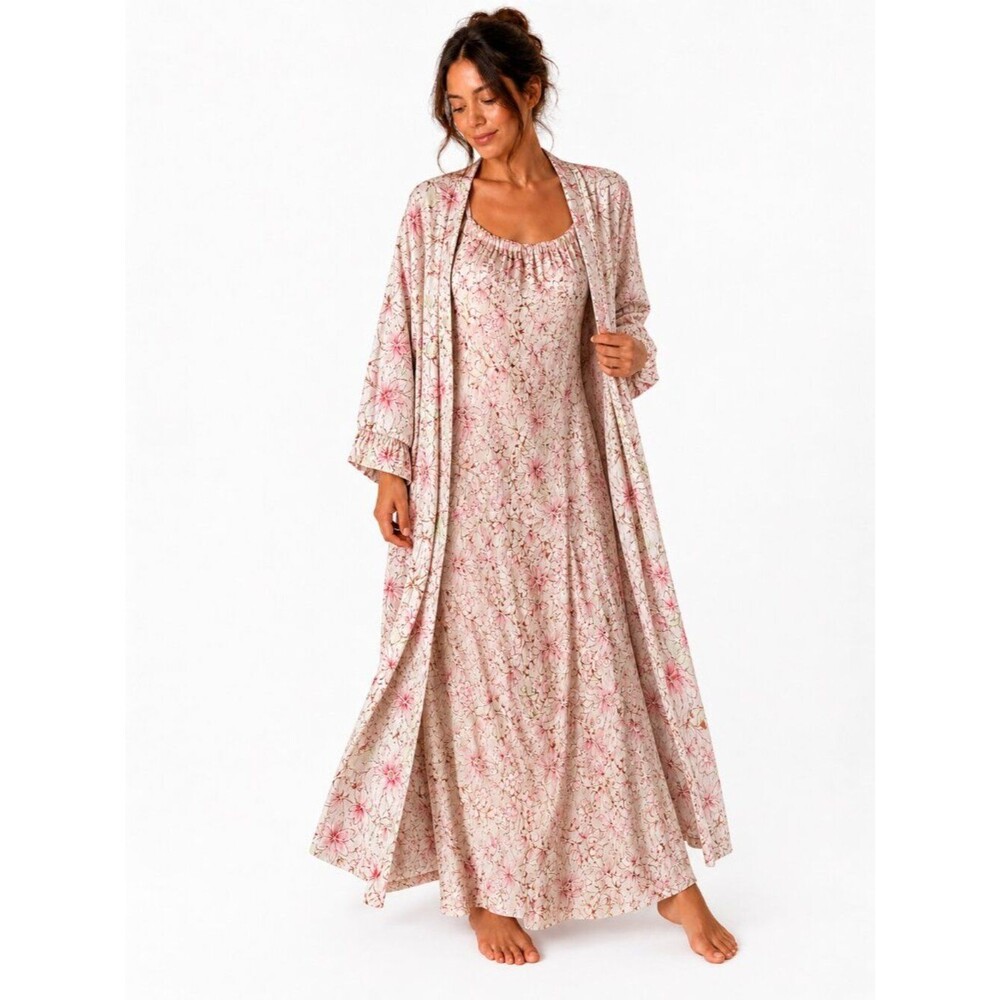 Schweitzer Linen 100% Silk Flora Duster Robe Size Large Pink Cream Maxi